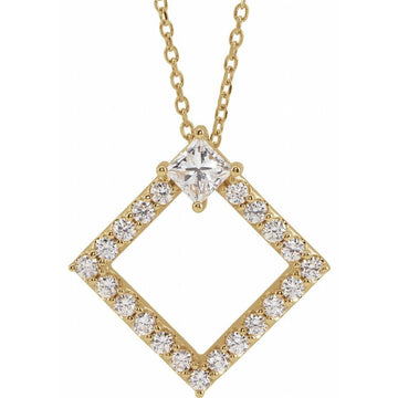 14K Yellow Gold 5/8 CTW Natural Diamond Necklace – Square-Cut Center, Adjustable 16–18"