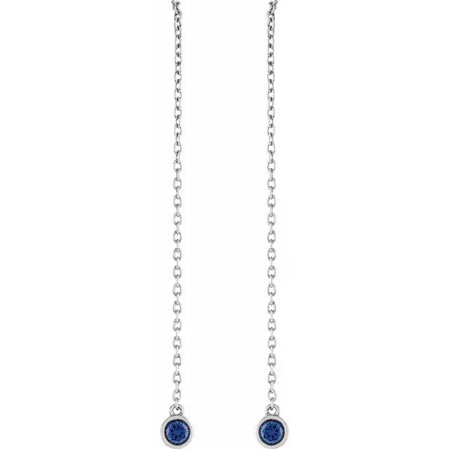 Natural Gemstone Round Bezel Chain Drop Threader Earrings