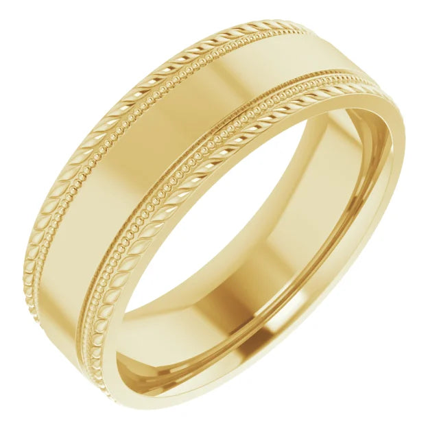 14K 7 mm Milgrain & Rope Stepped-Edge Comfort-Fit Flat Band Size 10