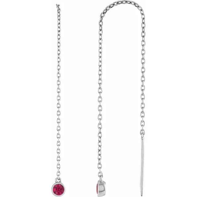 Natural Gemstone Round Bezel Chain Drop Threader Earrings