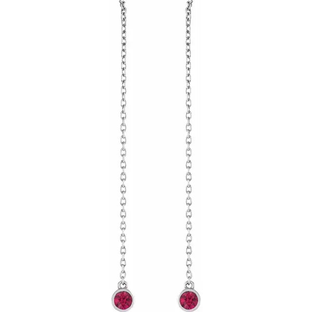 Natural Gemstone Round Bezel Chain Drop Threader Earrings