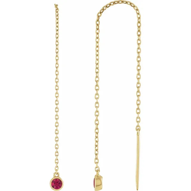 Natural Gemstone Round Bezel Chain Drop Threader Earrings