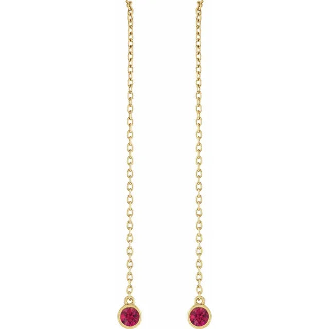 Natural Gemstone Round Bezel Chain Drop Threader Earrings