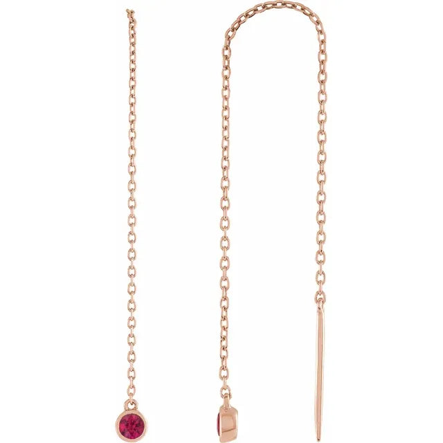 Natural Gemstone Round Bezel Chain Drop Threader Earrings