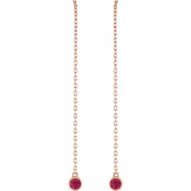 Natural Gemstone Round Bezel Chain Drop Threader Earrings