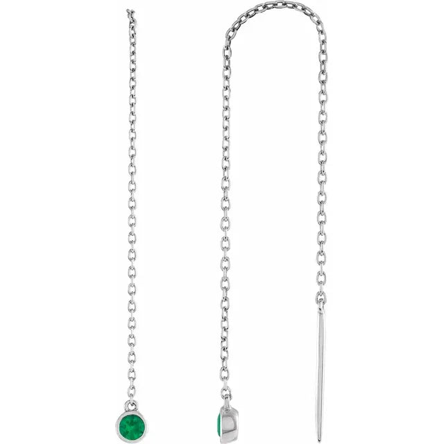 Natural Gemstone Round Bezel Chain Drop Threader Earrings