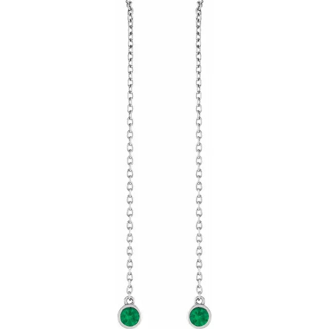 Natural Gemstone Round Bezel Chain Drop Threader Earrings