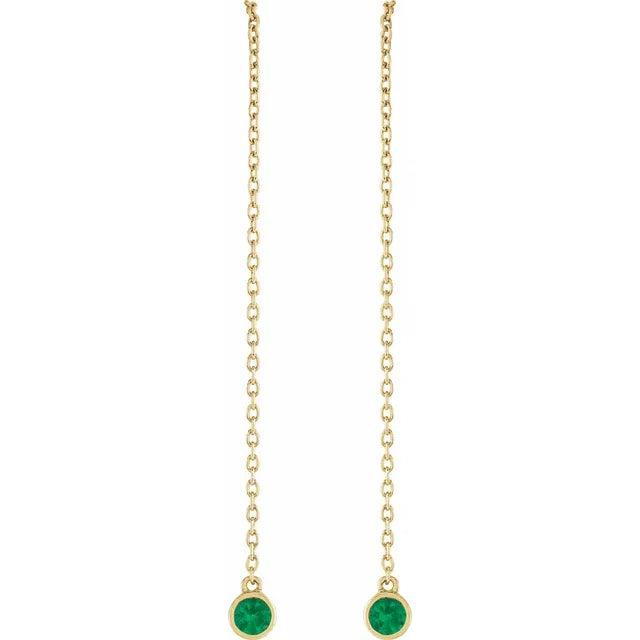 Natural Gemstone Round Bezel Chain Drop Threader Earrings