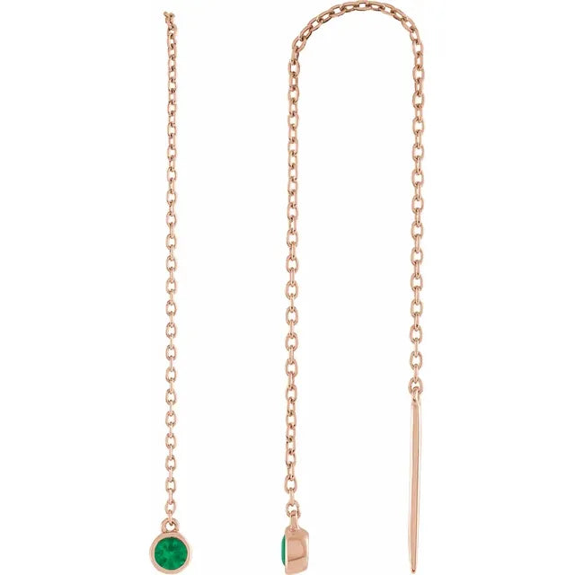 Natural Gemstone Round Bezel Chain Drop Threader Earrings