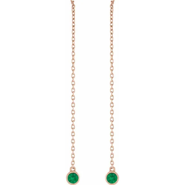Natural Gemstone Round Bezel Chain Drop Threader Earrings
