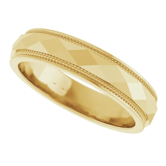 14K 4 mm Milgrain Stepped-Edge Geometric Faceted Band Size 10