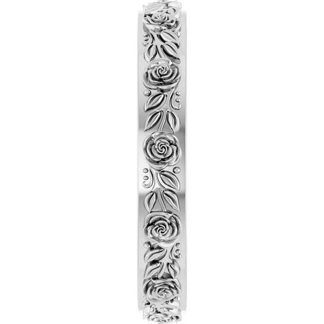 Petite Rose Flowers and Leaves Sculptural Engraved Eternity Band Ring