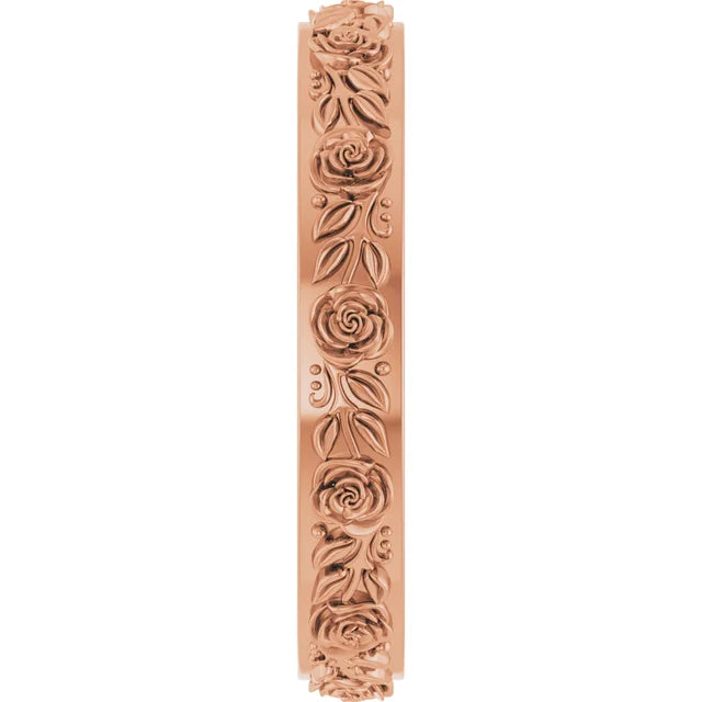 Petite Rose Flowers and Leaves Sculptural Engraved Eternity Band Ring