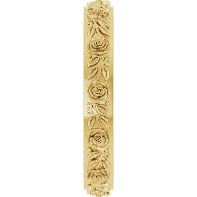 Petite Rose Flowers and Leaves Sculptural Engraved Eternity Band Ring