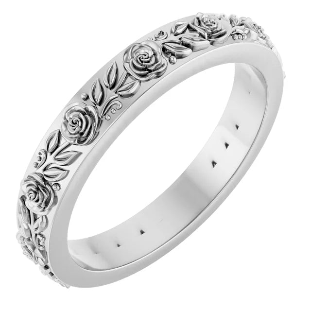 Petite Rose Flowers and Leaves Sculptural Engraved Eternity Band Ring