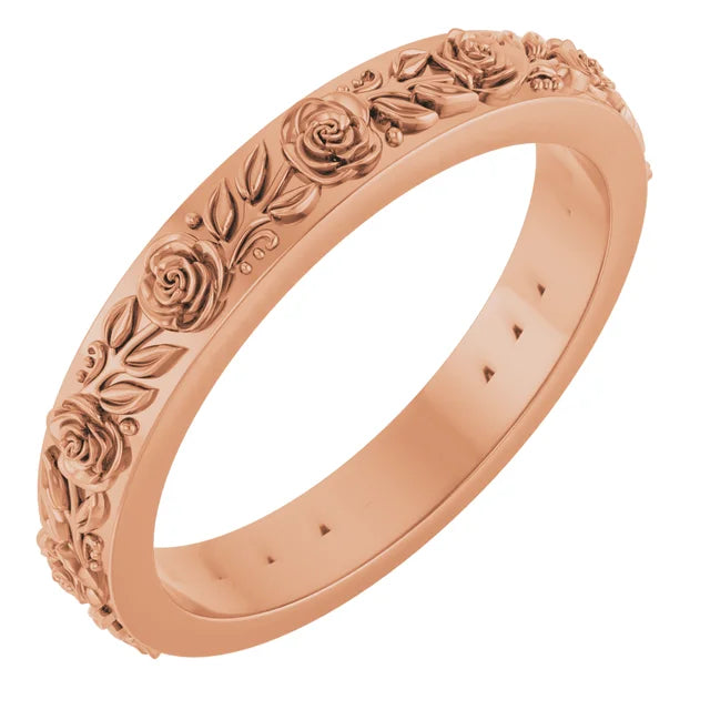 Petite Rose Flowers and Leaves Sculptural Engraved Eternity Band Ring