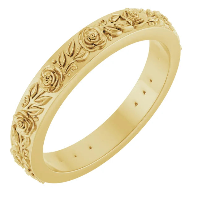 Petite Rose Flowers and Leaves Sculptural Engraved Eternity Band Ring