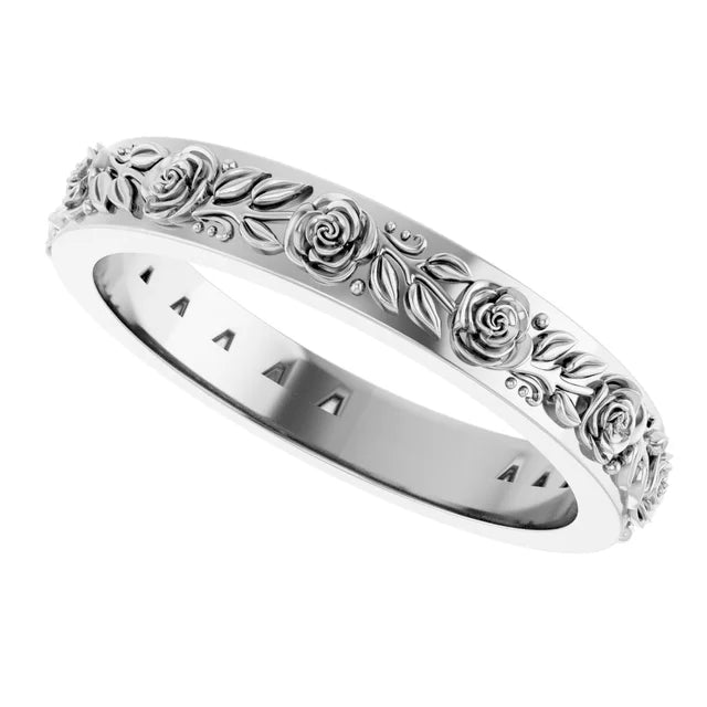 Petite Rose Flowers and Leaves Sculptural Engraved Eternity Band Ring