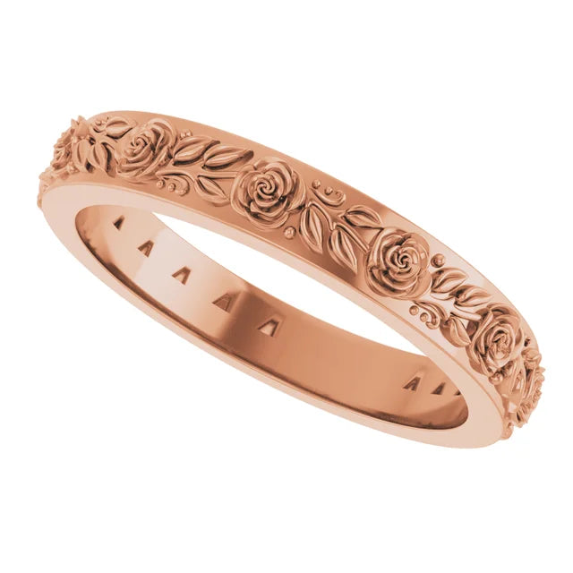 Petite Rose Flowers and Leaves Sculptural Engraved Eternity Band Ring
