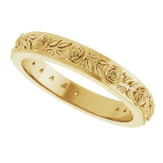 Petite Rose Flowers and Leaves Sculptural Engraved Eternity Band Ring
