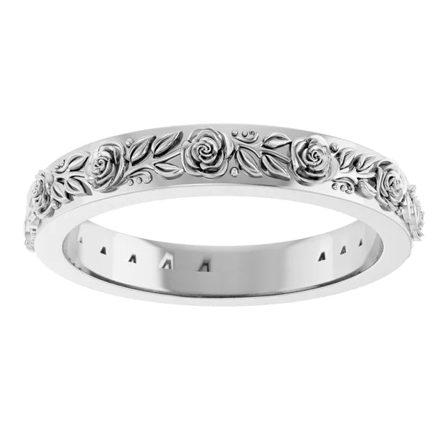 Petite Rose Flowers and Leaves Sculptural Engraved Eternity Band Ring