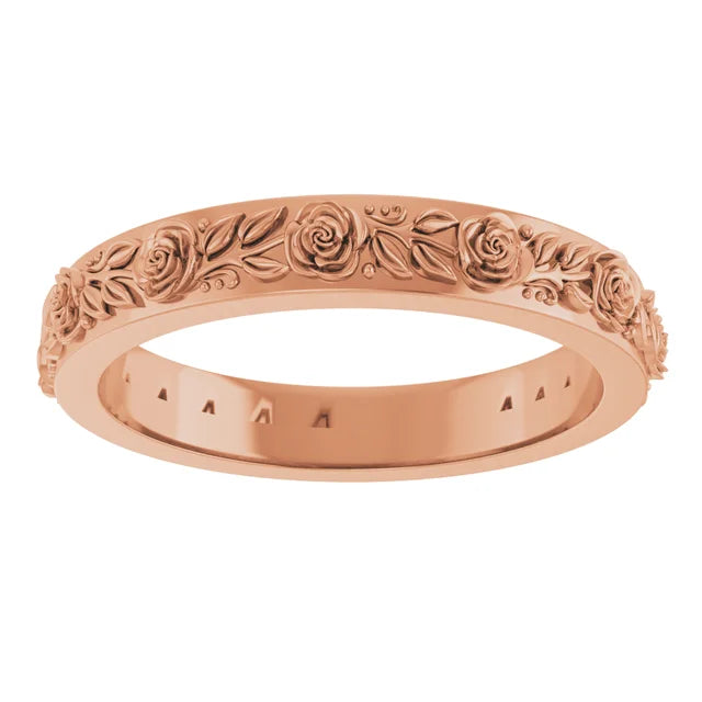 Petite Rose Flowers and Leaves Sculptural Engraved Eternity Band Ring