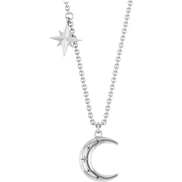 Crescent Moon and Stars Station Pendant Necklace 18 Inches
