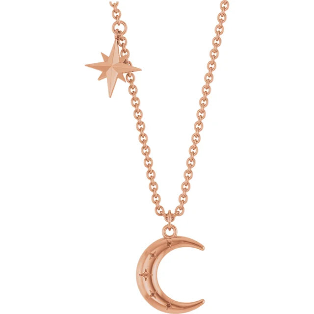 Crescent Moon and Stars Station Pendant Necklace 18 Inches