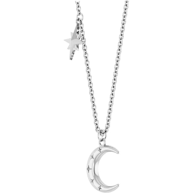 Crescent Moon and Stars Station Pendant Necklace 18 Inches