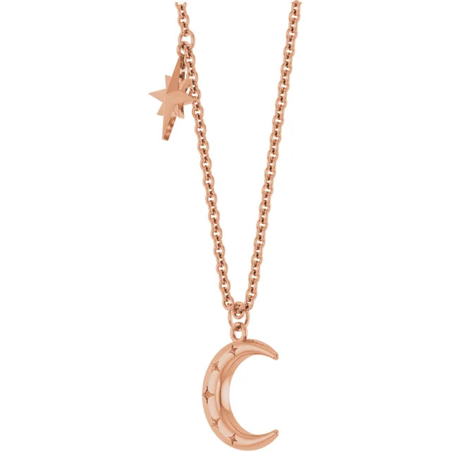 Crescent Moon and Stars Station Pendant Necklace 18 Inches