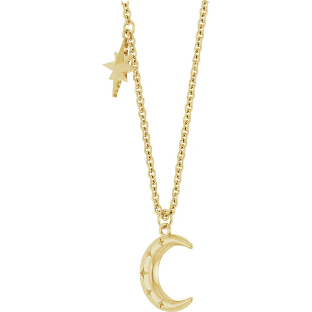Crescent Moon and Stars Station Pendant Necklace 18 Inches