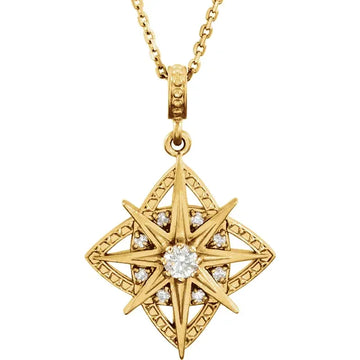 Diamond Vintage Milgrain and Starburst Pendant Necklace 1/6CTW 18 Inches