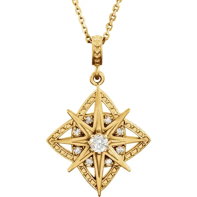 Diamond Vintage Milgrain and Starburst Pendant Necklace 1/6CTW 18 Inches