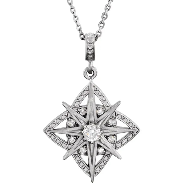 Diamond Vintage Milgrain and Starburst Pendant Necklace 1/6CTW 18 Inches