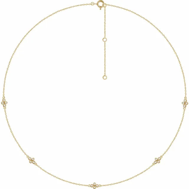 Diamond Bezel Set Cluster 5 Station Necklace 1/6CTW 16-18 Inches
