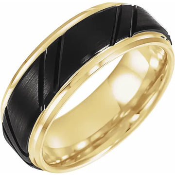 18K Yellow Gold-Plated & Black PVD Tungsten 8 mm Stepped-Edge Grooved Comfort-Fit Band Size 10