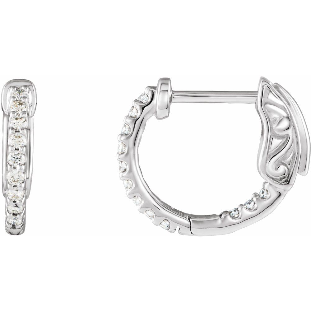 14K White Gold 1/4 CTW Natural Diamond Inside-Outside Hinged Hoop Earrings – 14.5 mm
