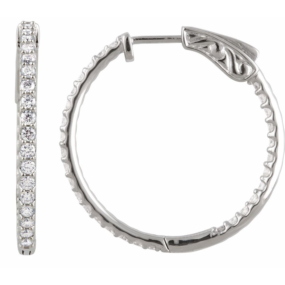 14K White Gold 1/4 CTW Natural Diamond Inside-Outside Hinged Hoop Earrings – 14.5 mm