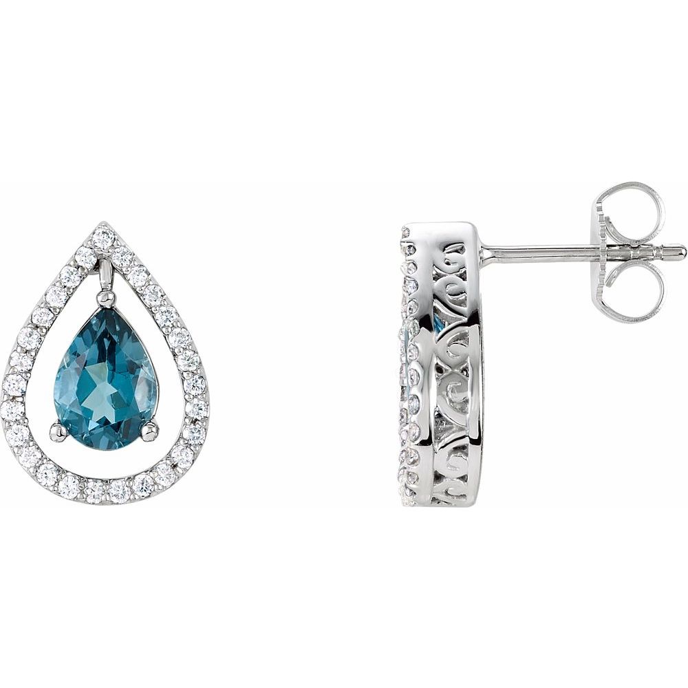 14K White Gold Floating Pear Halo Natural London Blue Topaz & 1/3 CTW Diamond Stud Earrings