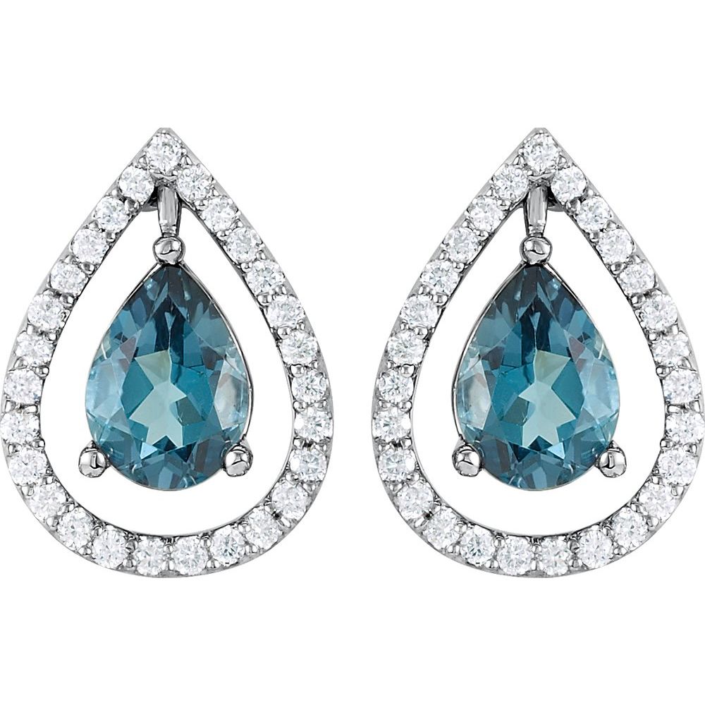 14K White Gold Floating Pear Halo Natural London Blue Topaz & 1/3 CTW Diamond Stud Earrings