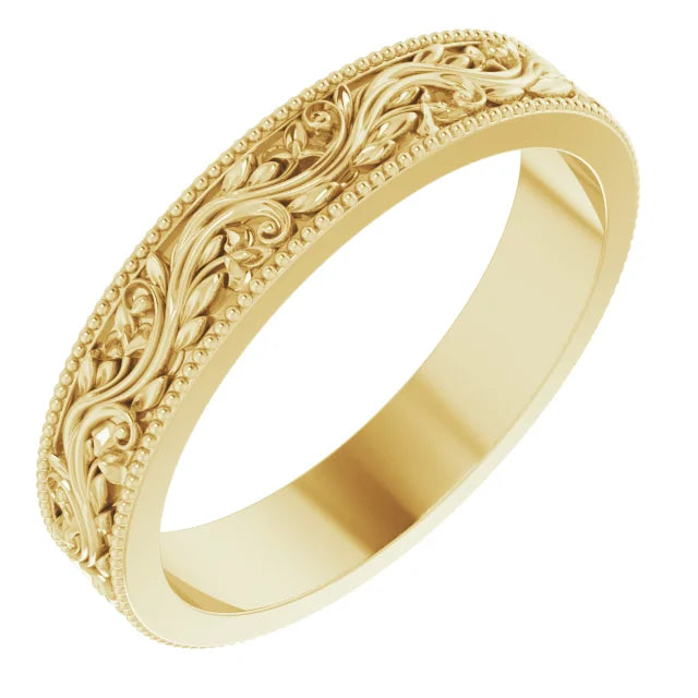 14K 4 mm Milgrain Edge Floral Flat Band Size 7