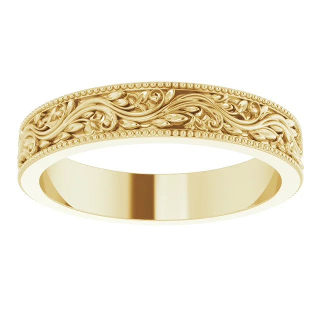 14K 4 mm Milgrain Edge Floral Flat Band Size 7