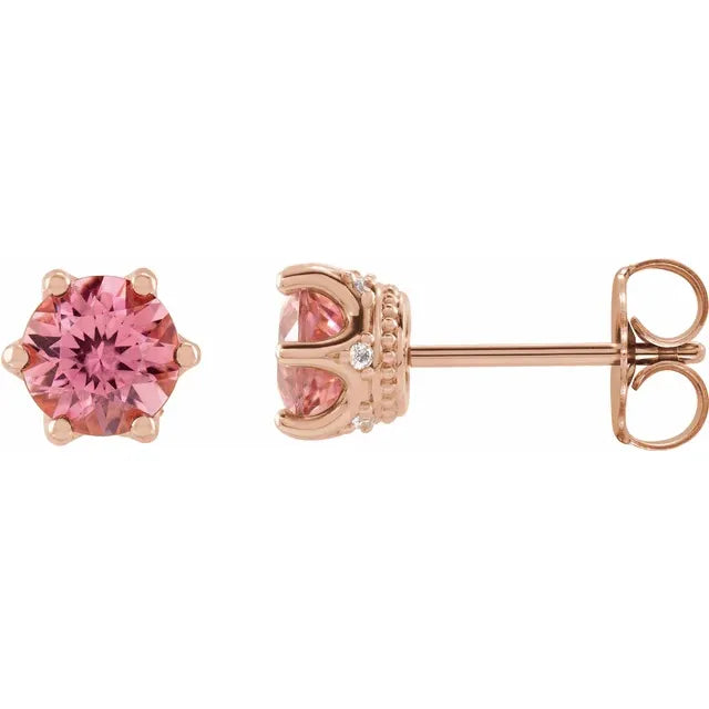 14K 5 mm Natural Pink Tourmaline & .03 CTW Natural Diamond Crown Earrings