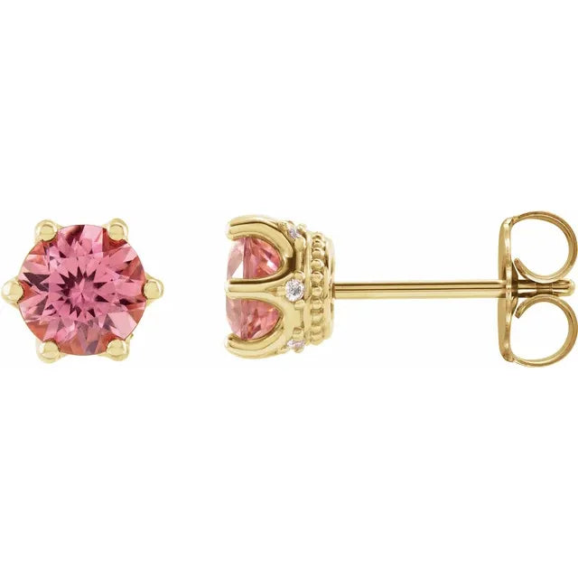 14K 5 mm Natural Pink Tourmaline & .03 CTW Natural Diamond Crown Earrings