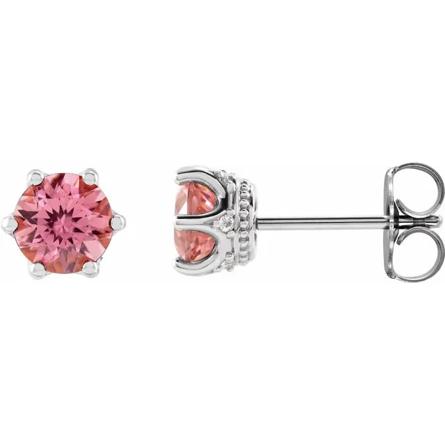 14K 5 mm Natural Pink Tourmaline & .03 CTW Natural Diamond Crown Earrings