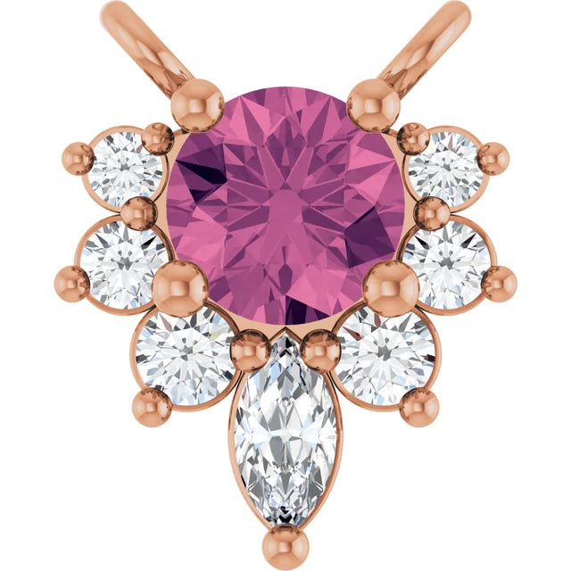 Pink Tourmaline & Diamond Half Halo Accent Pendant Necklace 0.08CTW 18 Inches