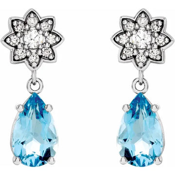 14K Aquamarine & 1/6 CTW Diamond Cluster Earrings