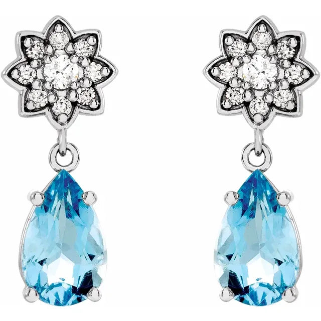 14K Aquamarine & 1/6 CTW Diamond Cluster Earrings