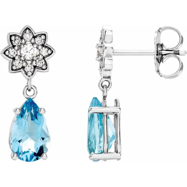 14K Aquamarine & 1/6 CTW Diamond Cluster Earrings
