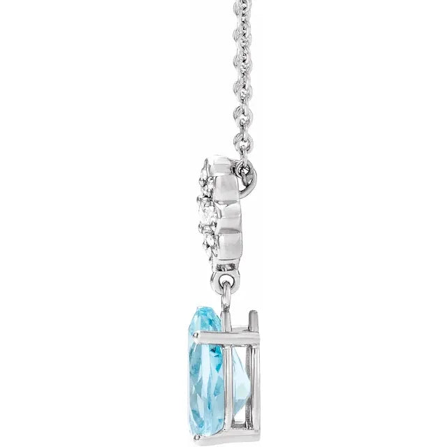 Aquamarine & Diamond Flower Drop Pendant Necklace .08 CTW 16-18 Inches